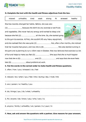 ESL Healthy Habits Worksheet - Writing and Vocabulary Exercises: Categorising, Writing Sentences - Speaking Activity: Asking and Answering Questions - Pair Work - Pre-intermediate (A2) - 25 minutes In this detailed health and fitness worksheet, students learn and practice adjectives and other vocabulary related to health and fitness. Healthy Habits Worksheet, Fitness Worksheets, Habits Worksheet, Health Worksheets, Speaking Activity, Writing Sentences, Unhealthy Habits, Vocabulary Exercises, Learn Vocabulary