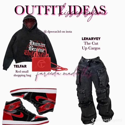 Insta Pfps Y2k, Plus Size Streetwear Outfits, Fly Shi Only Outfits Shein, Dopeskill Outfits, Outfits With Names, Black Red Outfit, Shein Inspired Outfits, Streetwear Fashion Ideas, Cute Highschool Outfits