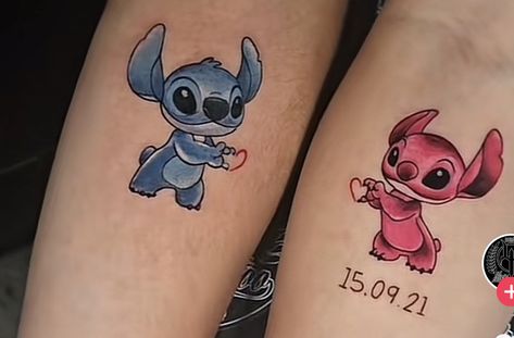 Couples Dog Tattoos, Lilo And Stitch Tattoo Matching, Matching Stitch Tattoos, Stitch Matching Tattoos, Lilo And Stitch Tattoo, Partner Tattoos, Stitch Tattoo, Lilo Y Stitch, Best Friend Tattoos