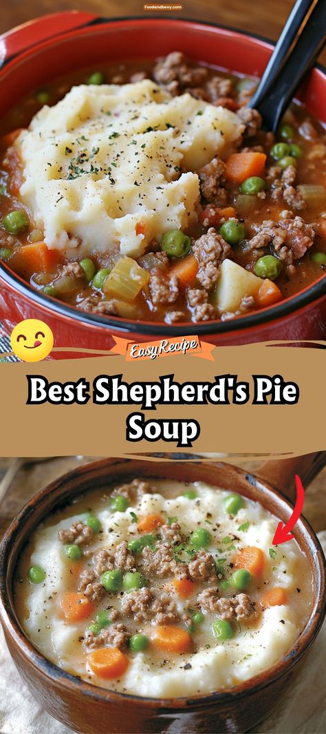 Shepherd's Pie Soup transforms the classic comfort of shepherd's pie into a hearty, one-pot meal. Packed with ground meat, vegetables, and topped with creamy mashed potatoes, this soup brings all the savory goodness of the traditional dish with a cozy, soup-based twist. Perfect for chilly evenings! #ShepherdsPieSoup #ComfortFood #WinterMeals Shepherd's Pie Soup, Shepards Pie Soup, Shepherds Pie Soup, Traditional Shepherds Pie, Cozy Soup, Shepards Pie, Hearty Lunch, Comfort Soup, Shepherd's Pie