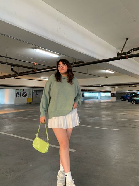 Sage Skirt Outfit, Sage Green Skirt Outfit, Mint Sweater Outfit, Green Tennis Skirt Outfit, Sage Green Skirt, Green Tennis Skirt, Sage Green Sweater, Green Oversized Sweater, Skort Outfit