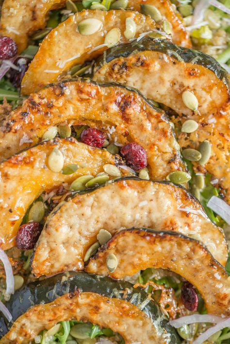 Acorn Squash Salad, Lemon Dijon Dressing, Dijon Dressing, Pumpkin Salad, Pumpkin Cranberry, Squash Salad, Salmon And Asparagus, Roasted Squash, Parmesan Crusted