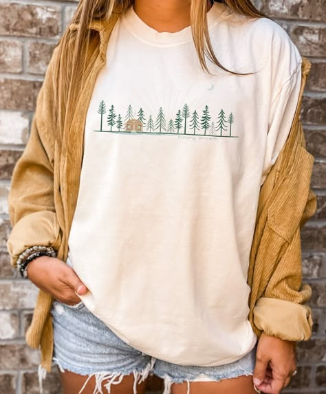 Pine Tree Shirt Vintage Style Cabin in the Woods Shirt Secluded Cabin Shirt Sunrise Cabin Tee Gift For the Cabin Weekend Shirt Comfort Color by FindingGrowthShop on Etsy Camping T Shirt, Outdoorsy Clothes, Cabin Clothes, Mom Life Aesthetic, 20’s Style, Cabin Weekend, Forest Clothes, Secluded Cabin, Camping Shirts