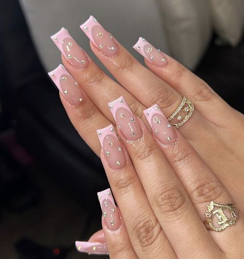 Frenchies With Rhinestones, Los Angeles Nails, Acrylic Nails Light Blue, Nail Suggestions, Hoco Nails, Pretty Nail Colors, Wow Nails, Edgy Nails, Girly Acrylic Nails