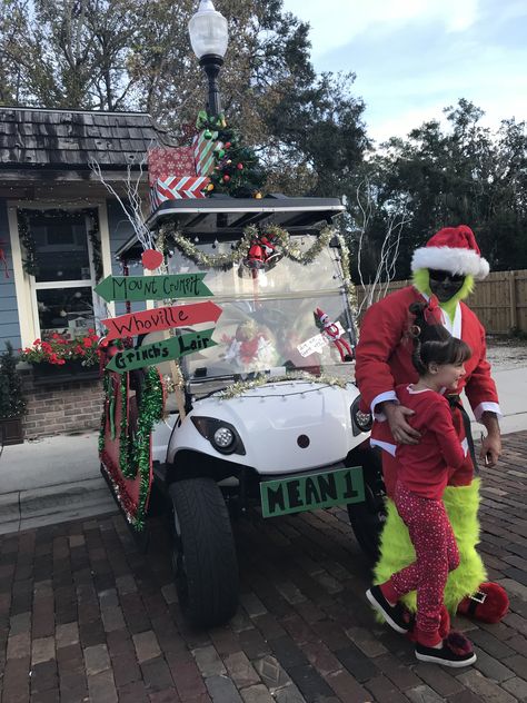 Christmas Golf Cart Grinch Golf Cart Parade, Golf Cart Christmas Parade Ideas Grinch, Grinch Golf Cart Decorations, Christmas Golf Cart Decorations, Golf Cart Christmas Parade Ideas, Christmas Golf Cart Parade Ideas, Grinch Float, Nightmare Before Christmas Trunk, Christmas Trunk Or Treat Ideas