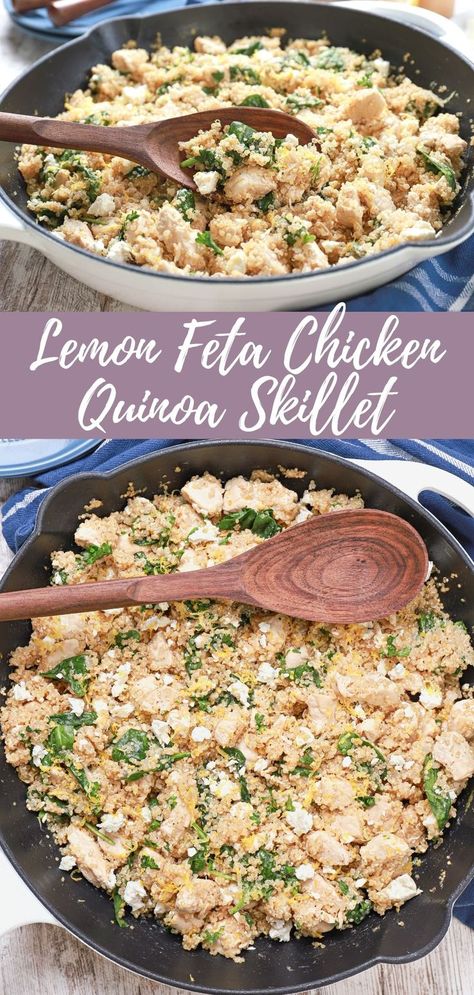 lemon feta chicken quinoa skillet dish in a white cast iron skillet Lemon Feta Chicken, Chicken Quinoa Recipes, Quinoa Skillet, Quinoa Recipes Dinner, Quinoa Recipes Healthy, Feta Chicken, Chicken Quinoa, Feta Recipes, Mediterranean Diet Recipes