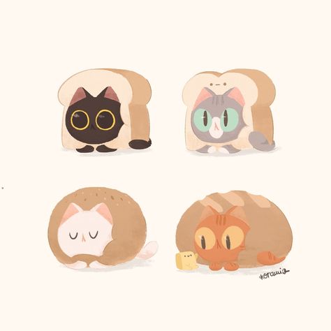 Cat and Bread Cute Cat Illustration, Cat Hacks, Animal Doodles, Cat Character, Cute Kawaii Drawings, 판타지 아트, Cute Animal Drawings, Kawaii Art, Kawaii Drawings