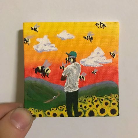 matt’s mini paintings on Instagram: ““Flower Boy” - @feliciathegoat  painted by @mattmirro  acrylic on 3x3in canvas . . . . . #tylerthecreator #flowerboy #igor #newmusic #art…” Matte Acrylic Painting Ideas, Flowerboy Painting, Album Painting Ideas, Cool Album Covers To Paint, Painting Ideas Album Covers, Igor Painting, Album Cover Paintings On Canvas, Mini Paintings Ideas, Album Paintings