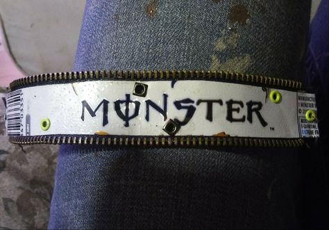 I upcycled this from a monster can and a zipper and some cool gromets ! Monster Can Crafts, Monster Cans Diy, Monster Energy Drink, Emo Stuff, 2000s Nostalgia, Craft Stuff, Teen Life, Monster Can, Energy Drink