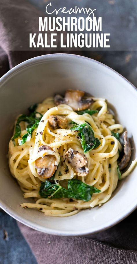 Creamy Lemon Mushroom Kale Linguine  This was pretty good but not amazing.  It was very simple to make and these are ingredients I keep around most of the time so it was also cost friendly.  The flavor was just lacking a little.  I needed to add in some salt which I don't particularly like to do and then I topped the whole dish with lemon juice AND lemon zest.  This was pretty good, but I don't know if we'll be making it again. Kale Mushroom, Mushroom Kale, Creamy Kale, People Cooking, Pasta Healthy, Pasta Creamy, Mushrooms And Spinach, Healthy Noodles, Kale Pasta