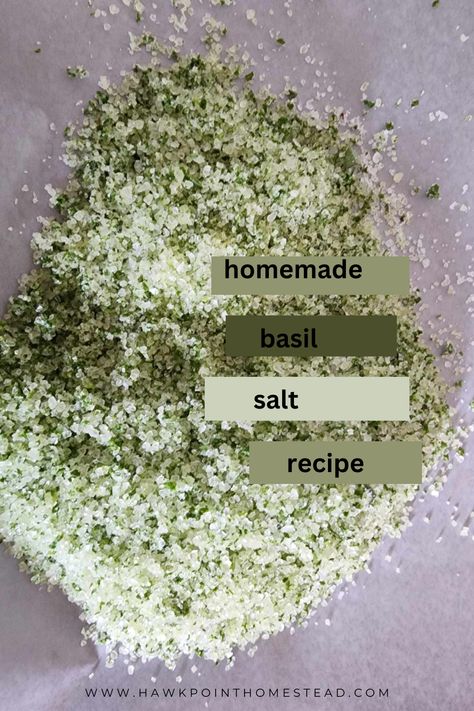 Herbal salts are so awesome, easy to make and a great way to use herbs. Basil is a wonderful herb. This basil salt recipe is a great way to preserve leaves from your basil plants to use in all kinds of ways throughout the year! This easy Basil salt recipe can be used as a finishing salt or to season fish, chicken, pork or beef. Especially good for grilling. Also a good vegetable seasoning. Herbal salts are also very thoughtful gifts for any occasion! Basil Sea Salt, Basil Salt Uses, Things To Do With Basil Leaves, Basil Salt Recipe, Herbed Salt Recipe, Blueberry Jalapeno Jelly Recipe, Peach Pepper Jelly Recipe, Peach Pepper Jelly, Herb Salt Recipe