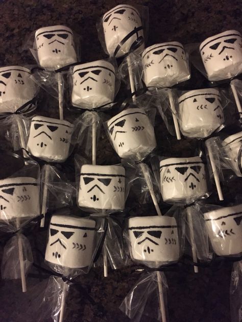 Starwars Quinceanera, Storm Trooper Party Ideas, Storm Trooper Marshmallow, Starwars Desserts Table, Star Wars Birthday Treats, Ahsoka Tano Birthday Party, Star Wars Marshmallow, Star Wars Slumber Party, Star Wars Candy Table Ideas