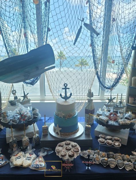 Sweet 16 Nautical Theme, Nautical Backdrop Ideas, Sailor Cake Nautical Theme, Ocean Theme Baby Shower Ideas Boy, Ocean Theme Baby Shower Ideas, Under The Sea Baby Shower Ideas For Boys, Ocean Themed Baby Shower Ideas, Nautical Theme Cake, Sailor Baby Shower Theme