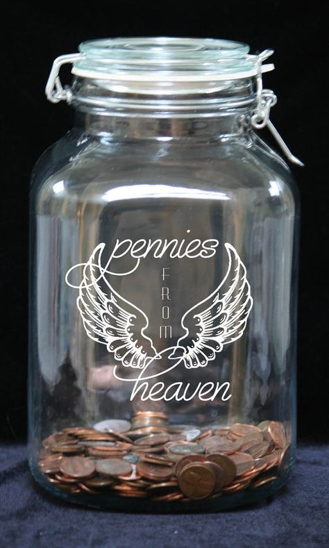 This would be a thoughtful gift for the person who picks up pennies on the ground as a reminder of a loved one who has passed away. ***PLEASE 4h Woodworking Projects, Pennies From Heaven Jar, Penny Jar, Pennies From Heaven, Cabin Christmas, Jar Art, Jar Ideas, Bumble Bees, The Jar