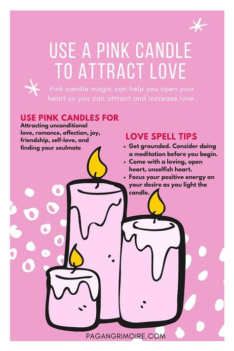 The Pink Candle has lots of meanings. It can help attract love, joy, friendship, kindness, affection, new partners, and help you find your soulmate. Doing some pink candle magic may also increase your overall capacity for love, including self love. It's a great candle for Valentine's Day, new love, weddings, or anniversaries to help rekindle love and romance as well. #wicca #valentinesday #love #candlemagic Self Love Candle Spell, Pink Candle Magic, Nature Manifestation, Witchcraft Candle Magic, Witch Knowledge, Candle Meanings, Candles Inspiration, Witch Potions, Witch Candle