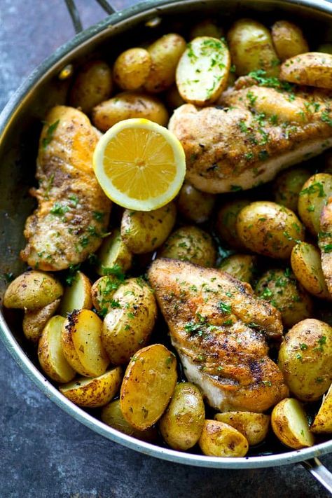 Skillet Roasted Chicken, Dinner Bakes, Roasted Chicken Dinner, Lemon Herb Sauce, Roast Chicken Dinner, Lemon Herb Chicken, Roasted Chicken And Potatoes, Weekday Breakfast, Chicken And Potatoes