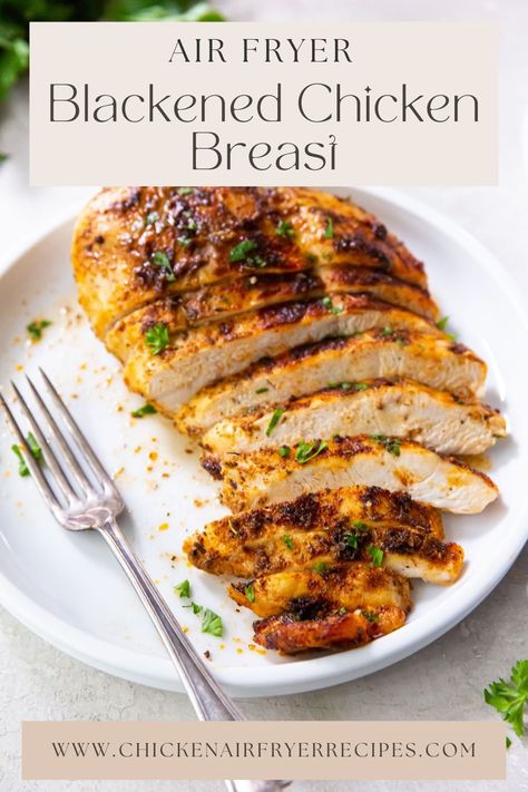 white plate with chicken and fork on it. parsley in the back Air Fryer Blackened Chicken, Air Fryer Chicken Breasts, The Best Air Fryer Chicken, Best Air Fryer Chicken, Chicken Breast Pasta, Air Fryer Chicken Breast, Air Fryer Recipes Chicken Breast, Blackened Chicken Recipe, Recipe Using Chicken