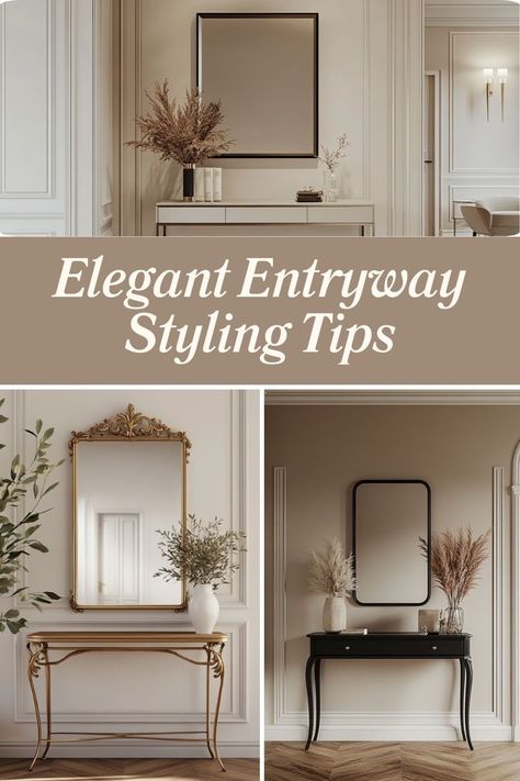 Style an elegant entryway to make a beautiful first impression. #EntrywayDecor #ElegantHome #HomeStyling Modern French Country Entryway, Entry Way Ideas With Mirror, Elegant Foyer Ideas Entryway, Glam Entryway Ideas, Elegant Entryway Ideas Luxury, Townhouse Entryway, French Country Entryway Ideas, Elegant Entryway Ideas, Traditional Entryway Ideas