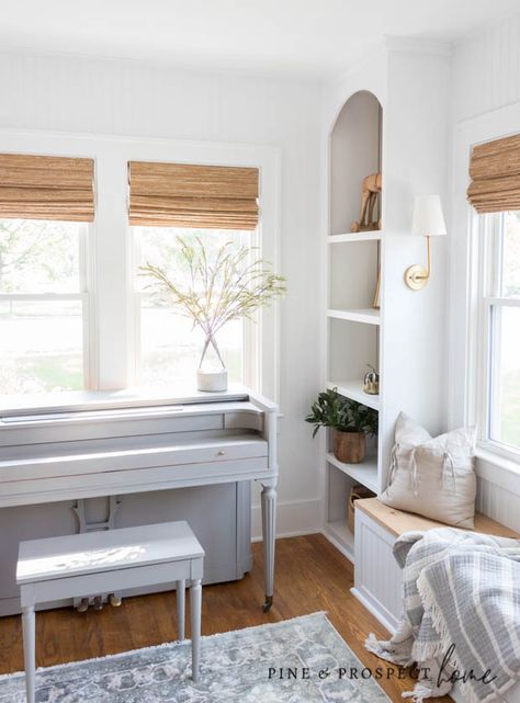 Sunroom Layout, Sunroom Inspiration, Cottage Paint Colors, Pine And Prospect Home, Pine And Prospect, Beautiful French Doors, Window Bench, Galley Style Kitchen, Sunroom Decorating