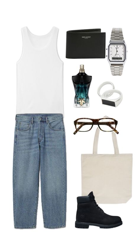 Classic men's style.  Affordable clothing options. Blue jeans. White tank top. Rings. Mens Fashion Classic, Mens Outfit Inspiration, Top Rings, Jeans White, Affordable Clothes, Classic Man, White Tank, White Tank Top, Men's Style