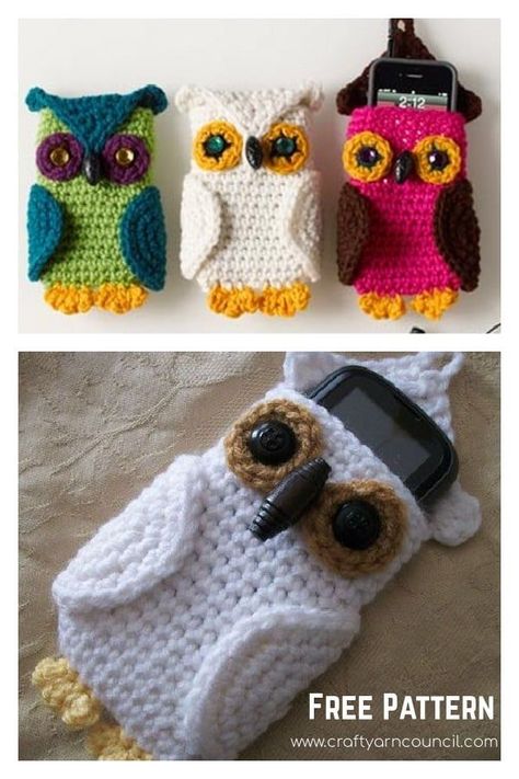 Owl Cell Phone Cozy Free Crochet Pattern Crochet Phone Cover, Owl Crochet Patterns, Crochet Phone Cases, Crochet Mobile, Crochet Shell Stitch, Crochet Owl, Easy Crochet Projects, Haken Baby, Crochet Inspiration