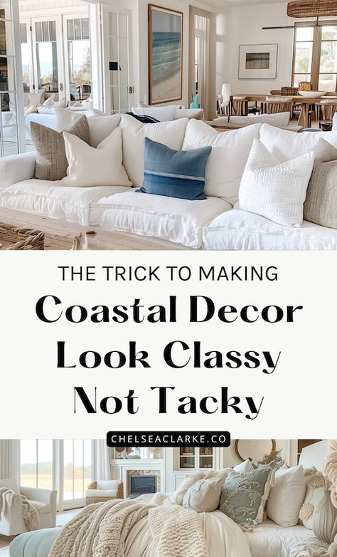 How To Make Coastal Home Interior Design Look Classy Not Tacky Lake Furniture Ideas, East Coast Decor Interior Design, Beach Decor Ideas Coastal Style, Beach Feel Living Room, Classic Nautical Decor, Sophisticated Beach Decor, High End Decorating, Upscale Coastal Decor, Modern Beachy Decor