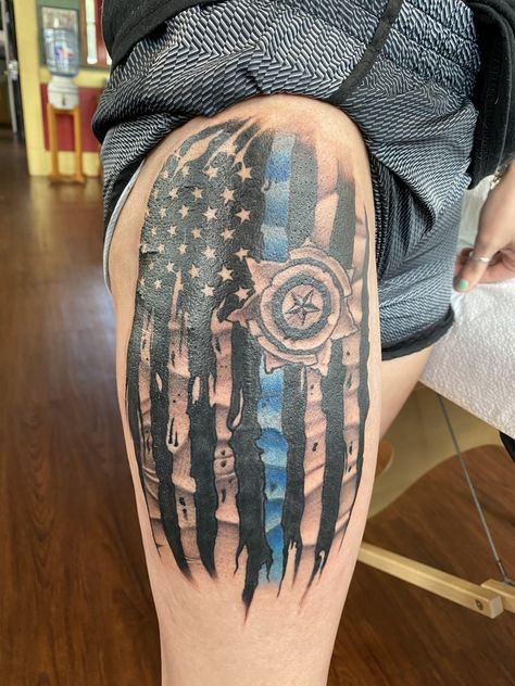 Tattoos For Police Officers, Fallen Officer Tattoo, Back The Blue Tattoo, Blue Line Flag Tattoo, Police Tattoos, Law Enforcement Tattoos, Blue Line Tattoo, Tony Thompson, Police Tattoo