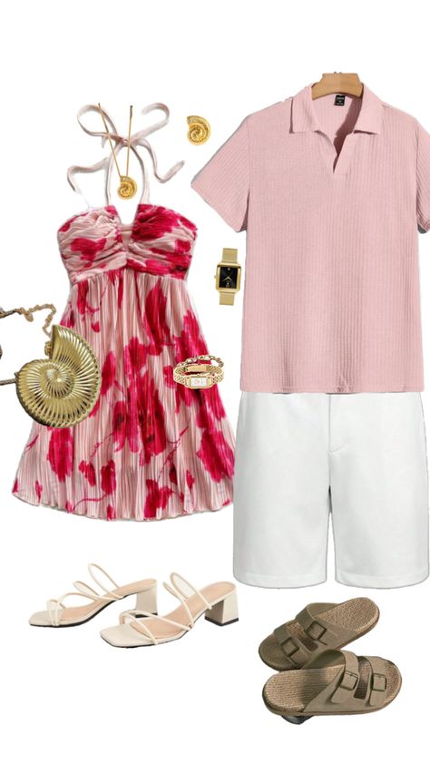 pink short dress, pink outfit, gold jewerly, pink shirt men, outfit to go to beach Matching Pink Outfits, Outfits For Couples, Couple Matching Outfits, Outfit Pink, Matching Outfit, Matching Couple Outfits, Matching Couple, Couple Matching, Couple Outfits