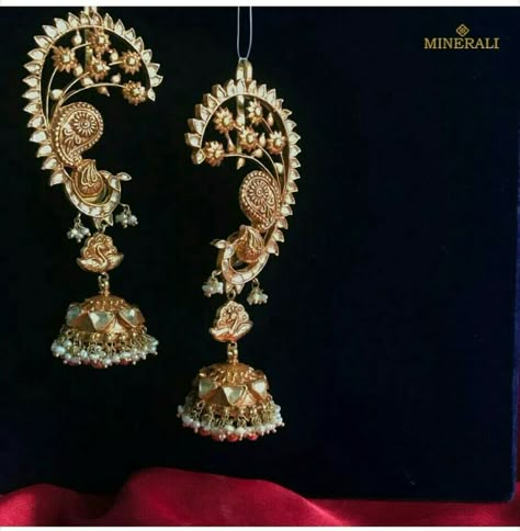 Full ear jewellery Ear Cuff Jhumkas, Earring Full Ear, Full Ear Earrings Indian Gold, Earrings Full Ear, Full Ear Earrings, Small Earrings Gold, Ear Jewellery, Gold Jhumka, Gold Jhumka Earrings