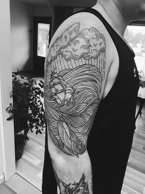 Jonah And The Whale Tattoo, Jonah Tattoo, Thunderstorm Tattoo, Traditional Butterfly Tattoo, Storm Tattoo, Traditional Butterfly, Barcelona Tattoo, Woodcut Tattoo, Whale Tattoo