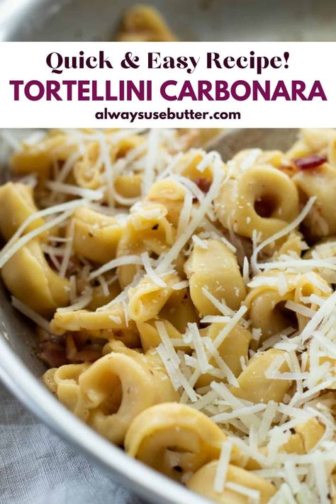 All you need for this classic carbonara recipe is about 15 minutes and 6 ingredients. Use my tips for making this creamy carbonara with no cream. It's delicious and easy to make, using bacon and two different types of cheese. The tortellini gives it a fun twist. You can use either dried, fresh or frozen tortellini, with any filling you like. Tortellini Carbonara Recipes, Refrigerated Tortellini Recipes, Bacon Tortellini, Classic Carbonara Recipe, Tortellini Carbonara, Frozen Tortellini, Classic Carbonara, Carbonara Ingredients, Easy Carbonara Recipe