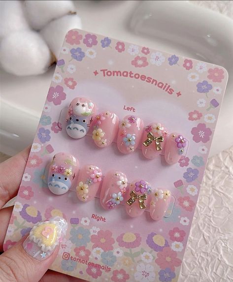 Totoro Nail Art, Totoro Nails, Korea Nail Art, Kitty Nails, Art Deco Nails, Sky Nails, Diva Nails, Subtle Nails, Beauty Nails Design