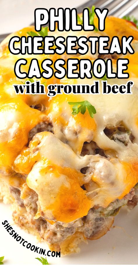 Philly cheesesteak casserole on a white plate. Philly Cheesesteak Cobbler, Ground Beef Cream Cheese, Biscuit Recipes Dinner, Philly Cheesesteak Casserole, Cheesesteak Casserole, Burger Tacos, Casserole With Ground Beef, Steak Casserole, Philly Cheese Steak Casserole