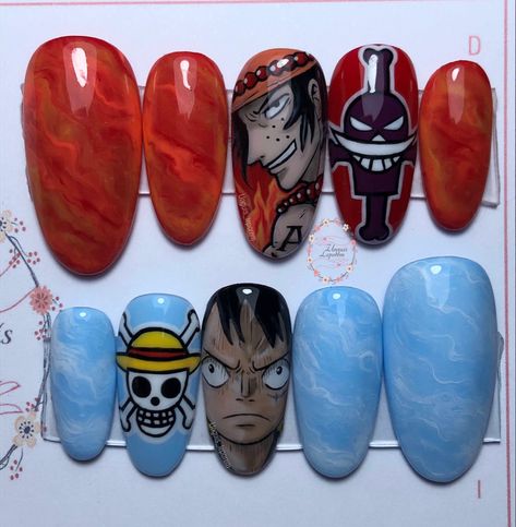 Luffy Nail Art, One Piece Nail Art Luffy, Uñas One Piece, Luffy Nails, Nail Art One Piece, Ace Nails, One Piece Nail Art, One Piece Nails, Skz Nails