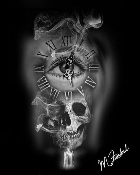 Skull Clock Tattoo Design, Time Clock Tattoo, Lower Back Tattoo Designs, Eyeball Tattoo, Archangel Tattoo, Skull Art Tattoo, Heaven Tattoos, Half Sleeve Tattoos Drawings, Eyeball Art