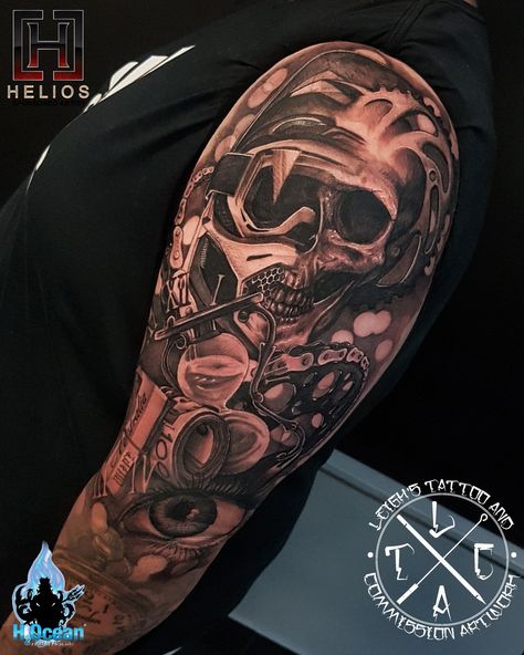 added onto to the top section of a sleeve with this motorcross, time and monry inspired piece Insta: @leigh_tattoos For all bookings an enquiries contact directly at Fb: /leighstca @heliostattoo @h2oceanloyalty #goldcoast #tattoo #stencilstuff #sullenclothing #sullenfamily #tattooistartmagazine #tattooartist #tattooart #ink #inked #tattooedguys #ttblackink #follow #radtattoos #bestoftheday #greywash #fusion #swashdrive #heliostattoo #heliosneedles #Loyalty4Life #H2Ocean4Life #H2Ocean Dirt Bike Tattoo Ideas, Bikelife Tattoo, Motocross Tattoo For Men, Motorcross Tattoo Ideas, Top Arm Tattoo For Men, Motocross Tattoo, Dirt Bike Tattoo, Engine Tattoo, Helmet Tattoo