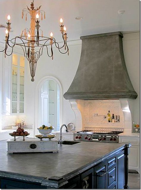 I would insist on better functional lighting over the kitchen island.   Stacey Serro Sheetrock Kitchen Hood, French Details, Healing House, Hood Style, Hood Design, Concrete Counter, Kitchen Details, U Shaped Kitchen, Fixer Upper Style