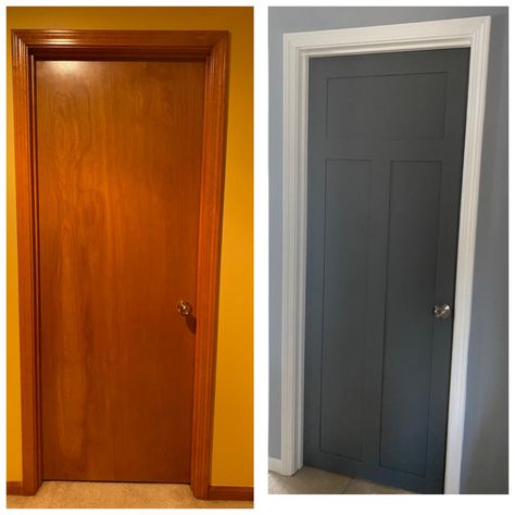 Panelled Doors Interior Diy, Flat Panel Front Door Makeover, Update Solid Wood Door, How To Make Old Doors Look New, Old Door Transformation, Painted Flush Doors, Adding Trim To Flat Doors, Painting Sliding Closet Doors, Interior Door Refresh