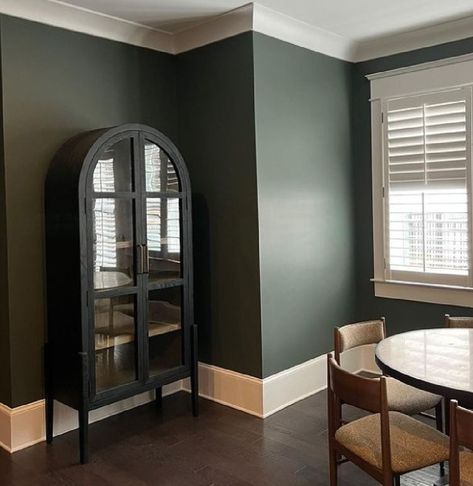 SW Pewter Green on walls of a beautiful space with arched cabinet and design by Sherry Hart. #pewtergreen #moodygreeninteriors Sw Pewter Green, Green Dining Room Walls, Pewter Paint, Arched Cabinet, Ideas For Bedrooms, Pewter Green, Black Paint Color, Green Dining Room, Shoji White