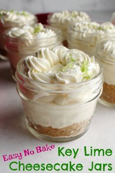 These cute little key lime cheesecakes only take 7 ingredients and just a few minutes to make. They are a perfect individual dessert that travel well. Make a batch for your next party! No Bake Key Lime Cheesecake, Key Lime No Bake, No Bake Key Lime, Cheesecake Jars, Key Lime Desserts, Mason Jar Desserts, No Bake Lemon Cheesecake, Lime Desserts, Cheesecake In A Jar