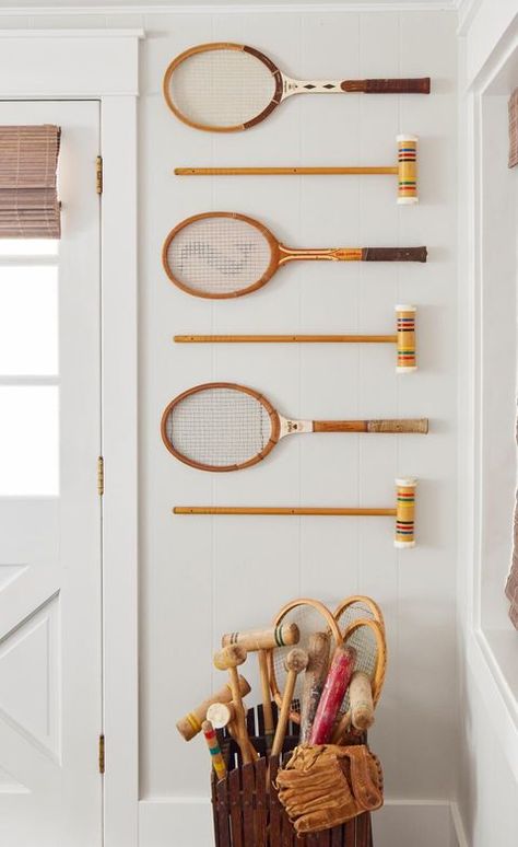 vintage tennis rackets and croquet mallets Paddle Headboard Ideas, Vintage Sports Basement, Vintage Water Ski Decor, Vintage Tennis Racket Decor Wall Art, Tennis Racket Wall Decor, Croquet Decor, Vintage Tennis Racket Decor, Croquet Aesthetic, Vintage Lake House Decor