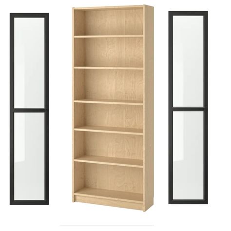 Billy Bookcase IKEA. Birch Frame with Black/Brown Oxberg doors Ikea Shelves With Doors, Ikea Billy Black Brown, Billy Bookshelf With Glass Doors, Black Billy Bookcase With Doors, Bookshelf Glass Doors, Black Billy Bookcase, Billy Bookcase Ikea, Billy Bookcase With Doors, Bookcase Ikea