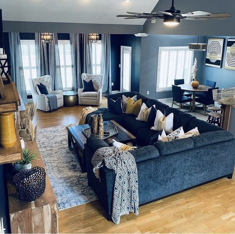 Gray Blue Black Living Room, Blue Accent Decor Living Room, Modern Luxe Decor, Brown And Blue Living Room Ideas Cozy, Denim Living Room Ideas, Blue Black And Grey Living Room, Blue Living Room Ideas Home Decor, Navy Blue Sectional Living Room Decor, Blue Decor Living Room Ideas