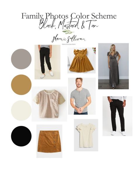 Family Photo Outfits Color Schemes - Black, Mustard, & Tan Shaunie Sullivan Photo Mustard And Black Family Pictures, Black Mustard Tan Family Pictures, Black White Tan Family Photo Outfits, Family Pictures Dark Colors, Family Picture Outfits With Black, Fall Family Photos Color Scheme Black, Family Photos With Black Outfits, Family Pictures With Black, Black Color Scheme Family Photos