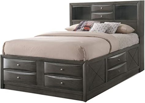 Benjara Panel Design Full Size Bed with Bookcase and Drawers, Brown Hardwood Bedroom, Emily Gray, Platform Bedroom, Captains Bed, Platform Bedroom Sets, King Storage Bed, Sophisticated Bedroom, Grey Storage, Storage Platform