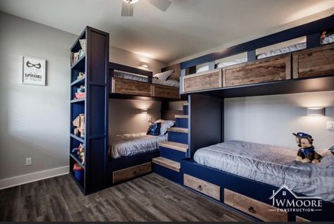 Bunk room for grandkids Built In Bunk Beds Small Room Cabin, Romanian House, Lake House Bedrooms, Stairs And Storage, Bunk Beds Small Room, Built In Bunk Beds, Corner Bunk Beds, Bunk Bed With Stairs, Bunk Room Ideas