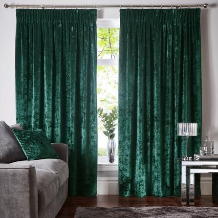 Dunelm Luxurious Emerald Green Crushed Velour Pencil Pleat Curtains Green Curtains Living Room, Emerald Green Curtains, Emerald Curtains, Green Curtains Bedroom, Velvet Curtains Bedroom, Emerald Green Bedrooms, Curtains Dunelm, Curtains Uk, Green Drapes