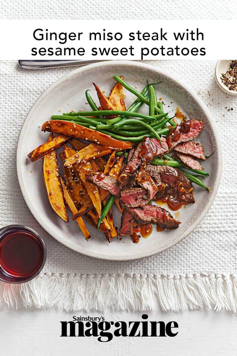 This ginger miso steak with sesame sweet potatoes recipe is packed full of nutritious fibre and vitamins. It also only takes half an hour to make! Get the Sainsbury’s magazine recipe Miso Steak, Sweet Potatoes And Green Beans, Steak And Green Beans, Potatoes And Green Beans, Ginger Miso, Sweet Potatoes Recipe, Beef Steak Recipes, Sweet Potato Wedges, Summer Eating