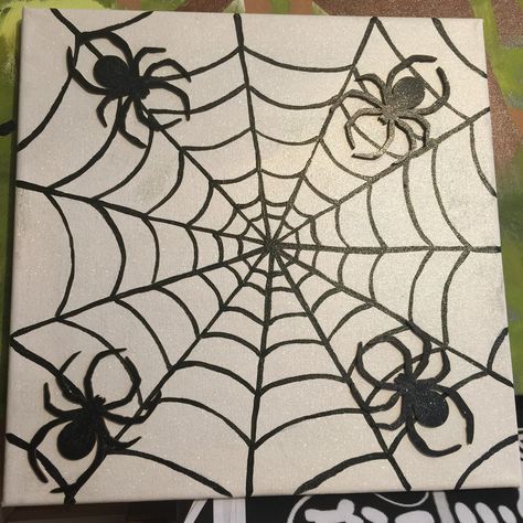 Spider web with 4 wood cut spiders. I painted on 12x12 canvas Spiders Painting, Spider Web Painting, Easy Spooky Paintings, Activity Therapy, Halloween Canvas Paintings, Creepy Paintings, Therapy Art, Nest Art, Canvas Drawing