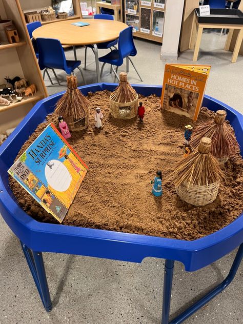 Handa’s surpirse tuff tray Desert Tuff Tray, Handas Surprise Eyfs, Osc Activities, Handas Surprise, Plan Lector, Mud Hut, Reggio Emilia Inspired, Role Play Areas, Eyfs Classroom